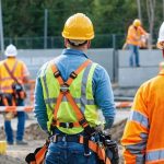 Construction workers wearing PPE including hard hats, safety vests, and harnesses, with safety signage in the background at a busy construction site.