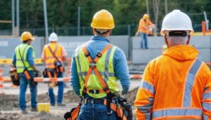 Construction workers wearing PPE including hard hats, safety vests, and harnesses, with safety signage in the background at a busy construction site.