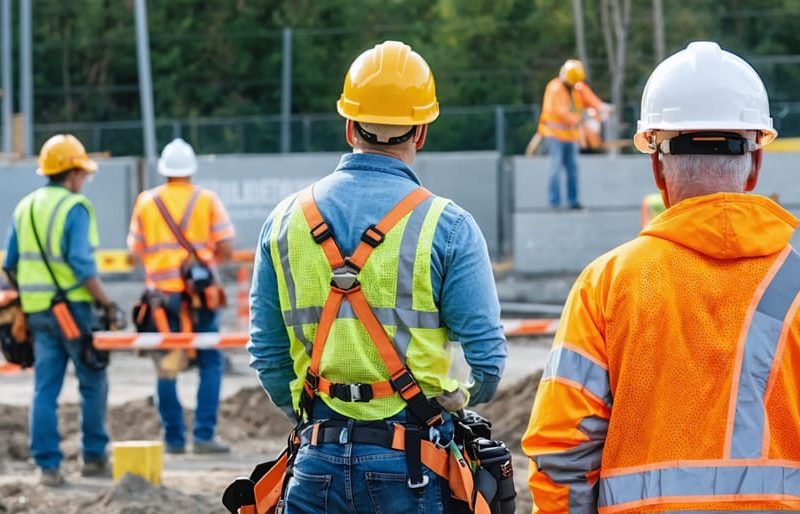 Construction workers wearing PPE including hard hats, safety vests, and harnesses, with safety signage in the background at a busy construction site.