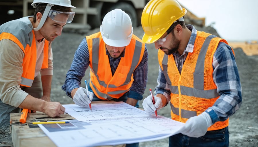 Construction team conducting safety briefing on site with protective equipment