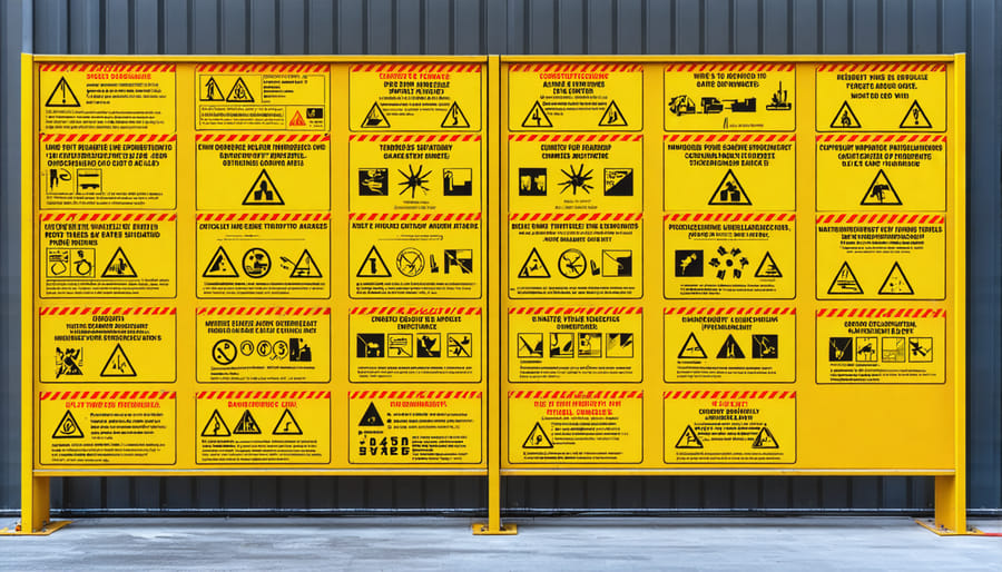 Safety information board with hazard symbols and emergency contact information at a construction site