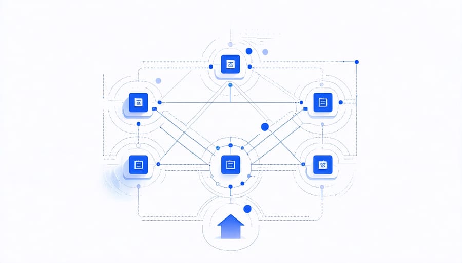 Digital illustration showing smart contracts connecting various construction project stakeholders and milestones