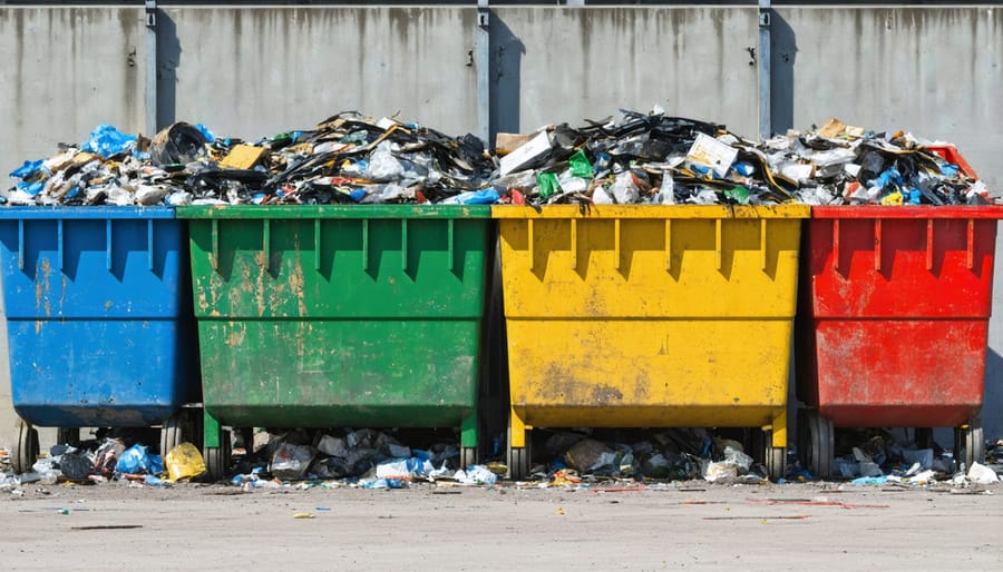 Construction waste management system showing segregated recycling bins