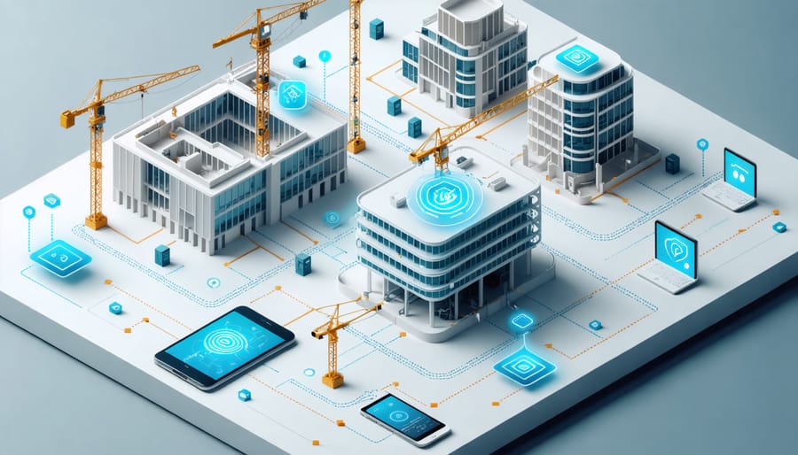 Digital construction ecosystem visualization with BIM models, IoT sensors, and connected devices