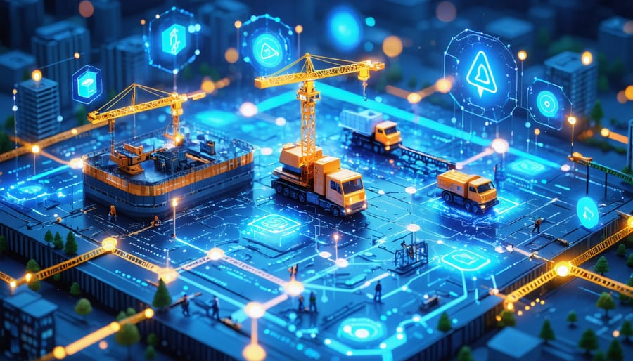 A conceptual representation of digital transformation in construction procurement illustrating interconnected AI, blockchain, and IoT elements alongside a futuristic construction site.