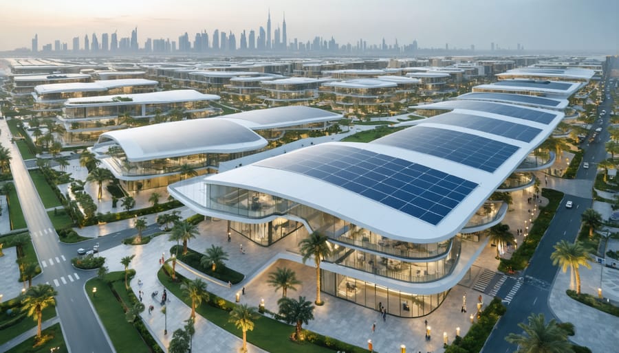 Sustainable City Dubai's eco-friendly buildings with solar panels and heat-resistant design features