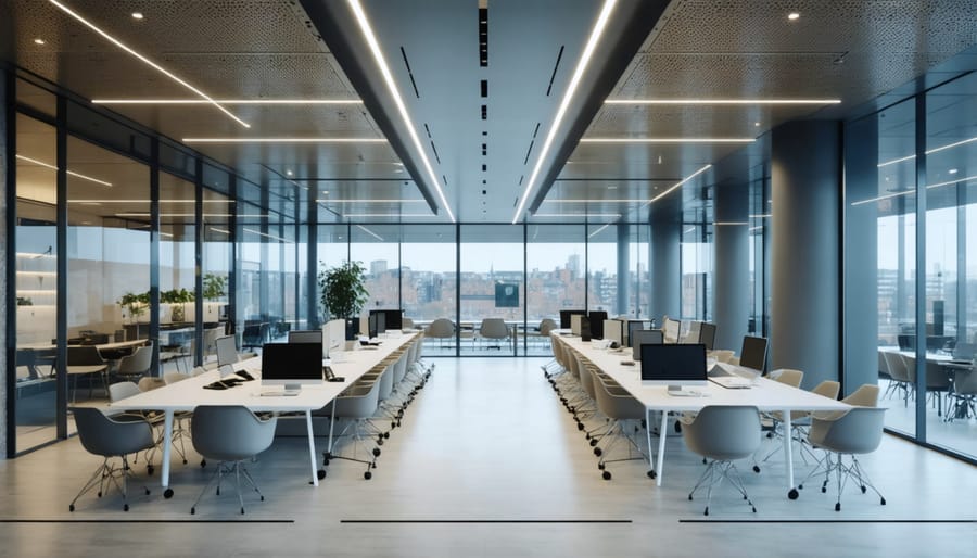 Modern office space inside The Edge Amsterdam with smart LED lighting and sustainable workspace features