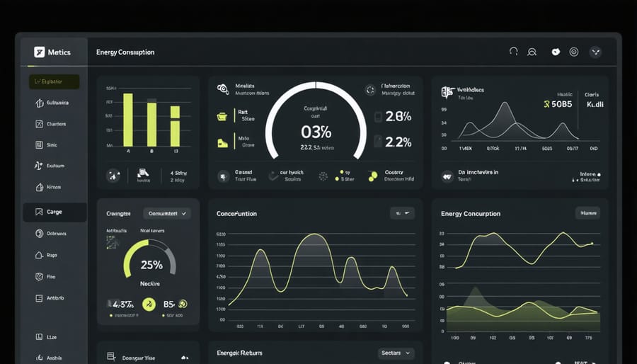 Building management system interface displaying energy usage analytics and sustainability metrics