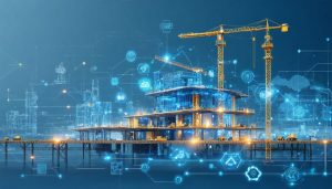 Conceptual illustration of digital transformation in construction with BIM, IoT sensors, and cybersecurity, highlighting the integration of traditional methods with innovative digital tools.