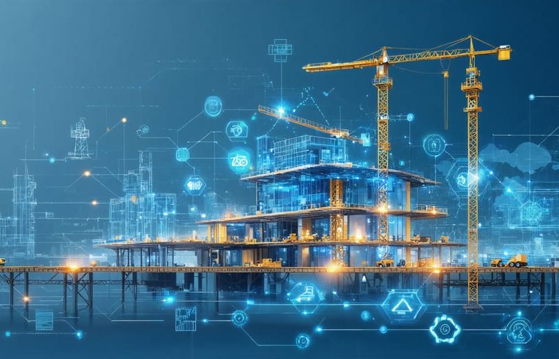 Conceptual illustration of digital transformation in construction with BIM, IoT sensors, and cybersecurity, highlighting the integration of traditional methods with innovative digital tools.