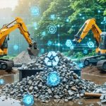 Futuristic construction site featuring advanced robotics and AI technology sorting materials, highlighting innovative waste recycling and sustainability.