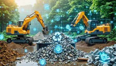 Futuristic construction site featuring advanced robotics and AI technology sorting materials, highlighting innovative waste recycling and sustainability.