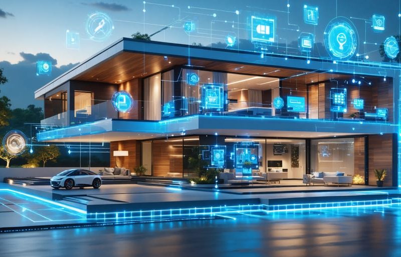 Conceptual illustration of a smart home with interconnected systems like HVAC, security, and lighting, all controlled through a central interface representing modern construction innovation.