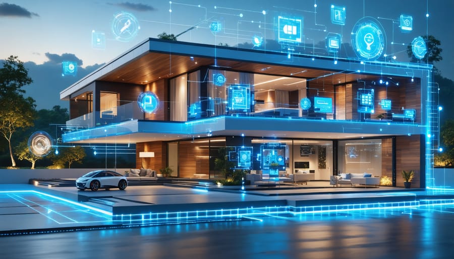 Conceptual illustration of a smart home with interconnected systems like HVAC, security, and lighting, all controlled through a central interface representing modern construction innovation.