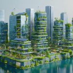 A conceptual cityscape featuring various zero energy buildings equipped with solar panels, wind turbines, and greenery, representing modern sustainable architecture.