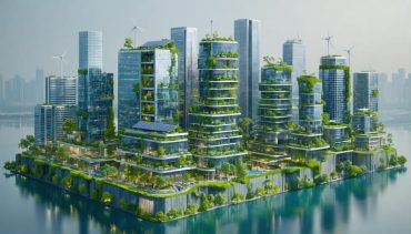 A conceptual cityscape featuring various zero energy buildings equipped with solar panels, wind turbines, and greenery, representing modern sustainable architecture.