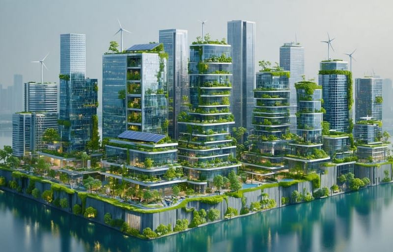 A conceptual cityscape featuring various zero energy buildings equipped with solar panels, wind turbines, and greenery, representing modern sustainable architecture.