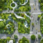 Aerial view of a modern city integrating green infrastructure with urban parks, vertical gardens, bioswales, and permeable pavements.