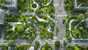 Aerial view of a modern city integrating green infrastructure with urban parks, vertical gardens, bioswales, and permeable pavements.