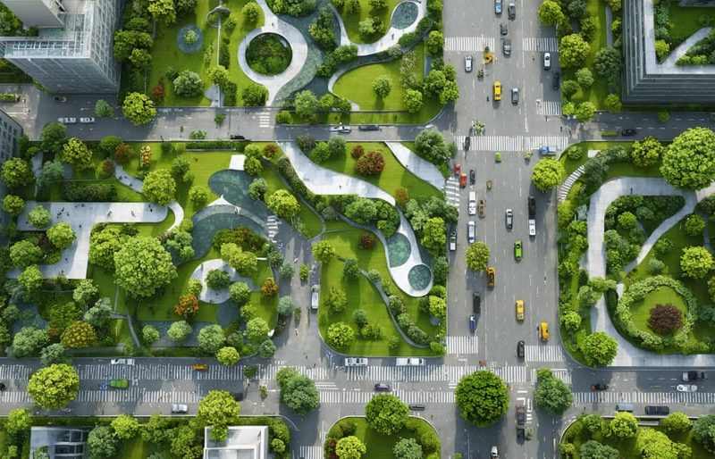 Aerial view of a modern city integrating green infrastructure with urban parks, vertical gardens, bioswales, and permeable pavements.