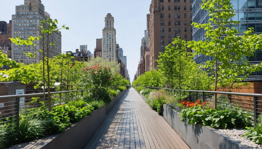 Aerial view of the High Line Park showing the transformed elevated railway into an urban green space