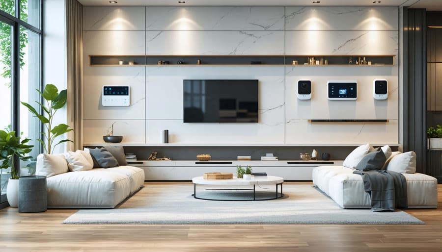 Showcase of integrated smart home systems in a contemporary living space