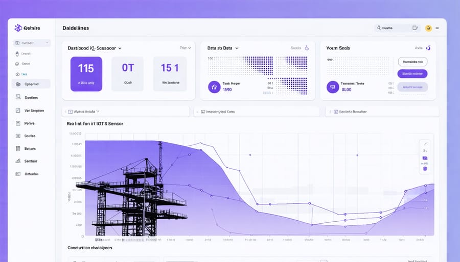 Digital dashboard displaying construction site metrics, equipment status, and safety indicators