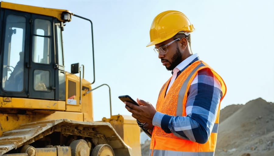 Professional using mobile financial management app at construction site