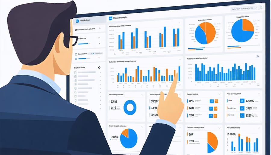 Real estate professional analyzing market data on multiple screens with World Property Journal interface