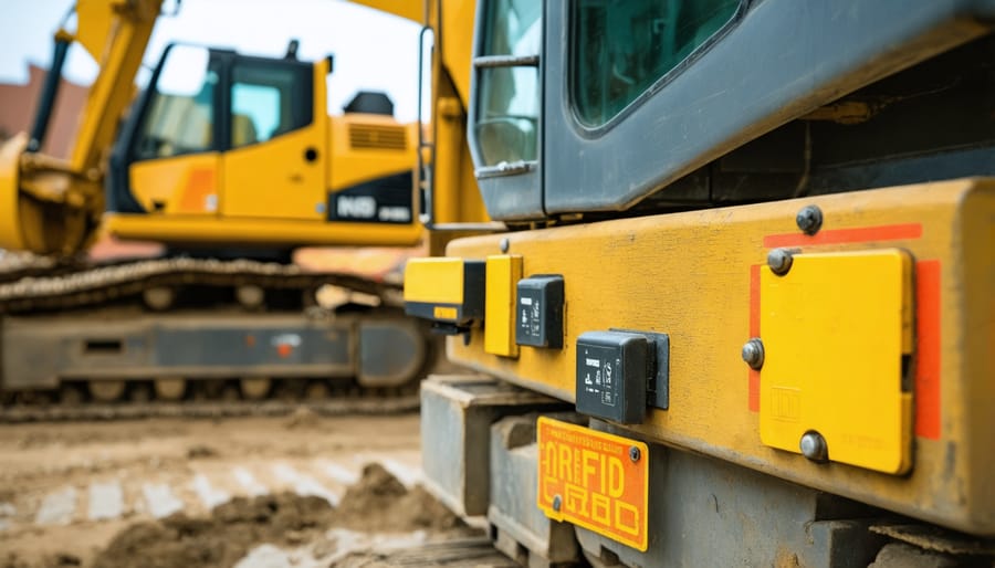 RFID tags and IoT sensors mounted on construction equipment and materials