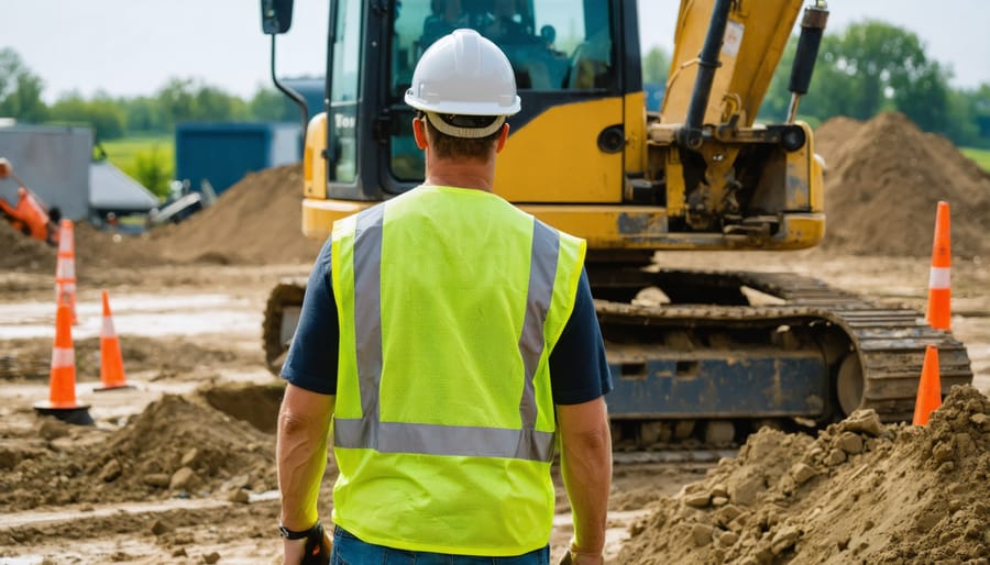 Safe operation of construction excavator with safety barriers and personnel in place