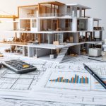 Illustration of a construction site merging with financial documents and graphs, symbolizing the integration of construction planning with financial strategies.