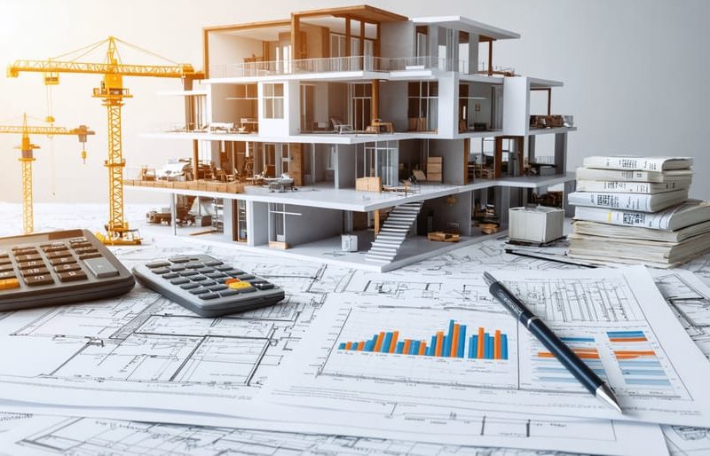 Illustration of a construction site merging with financial documents and graphs, symbolizing the integration of construction planning with financial strategies.