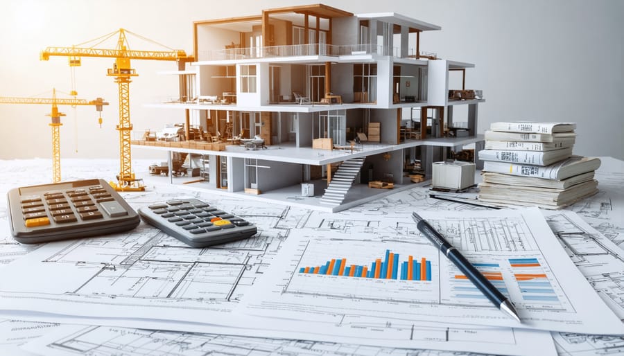 Illustration of a construction site merging with financial documents and graphs, symbolizing the integration of construction planning with financial strategies.