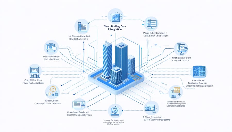 Diagram of integrated smart building systems and data flows for sustainability monitoring