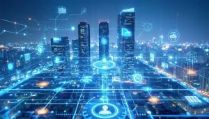 Conceptual image of a smart building with illuminated data streams and IoT sensor network, representing real-time sustainability monitoring and optimization.