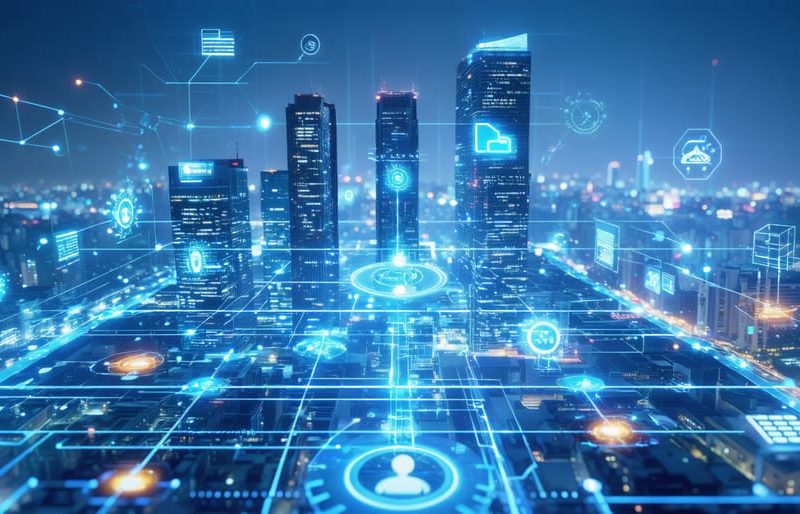 Conceptual image of a smart building with illuminated data streams and IoT sensor network, representing real-time sustainability monitoring and optimization.