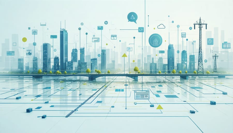 Urban landscape featuring smart technology integration including IoT sensors, digital displays, and connected infrastructure