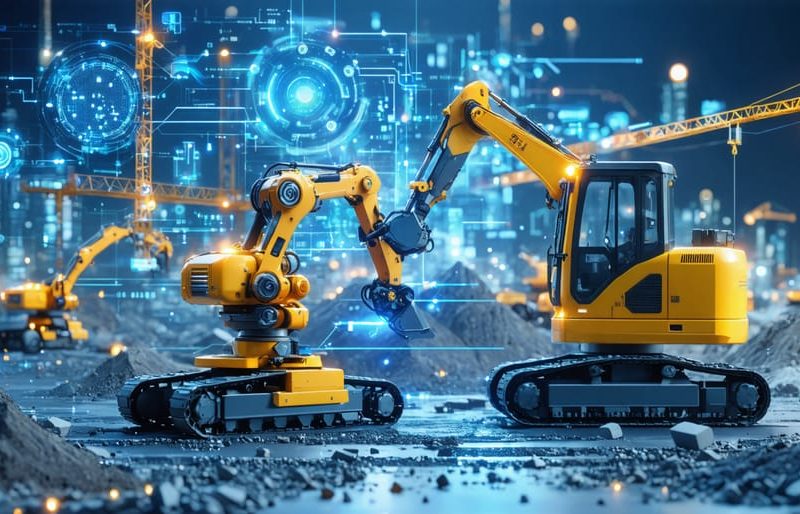 Futuristic depiction of a construction site featuring automated technologies like robotic bricklayers and AI systems, symbolizing the transformation and integration of technology in the construction industry.