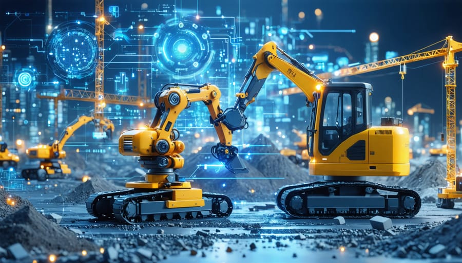 Futuristic depiction of a construction site featuring automated technologies like robotic bricklayers and AI systems, symbolizing the transformation and integration of technology in the construction industry.