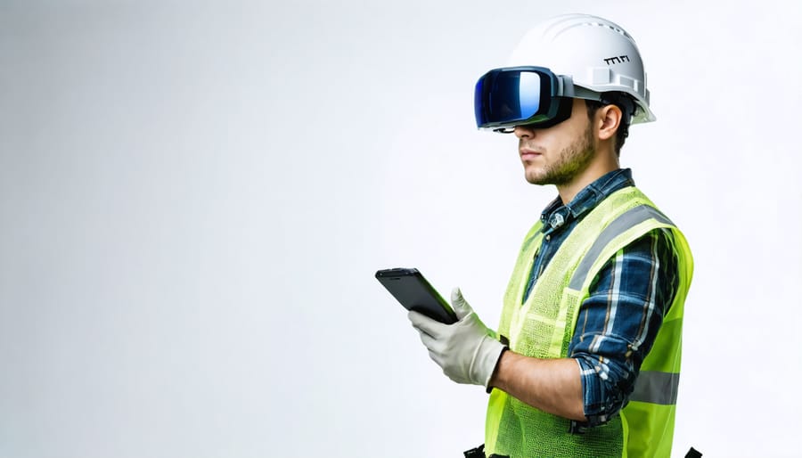 Construction worker wearing next-generation smart PPE equipment with integrated technology