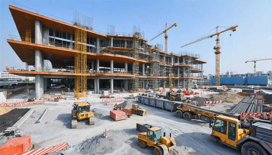 Construction workers using digital tools and green building methods on a major development project