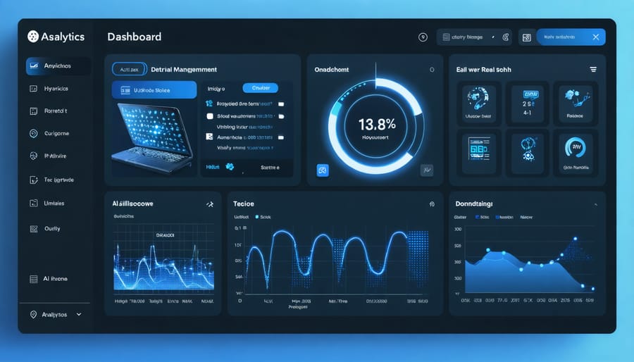 Smart building management system interface displaying energy usage metrics and AI-driven optimization controls