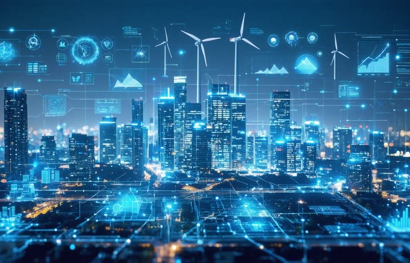 A conceptual depiction of a futuristic city utilizing smart grid and distributed energy management systems, showcasing interconnected buildings with renewable energy sources and data analytics.