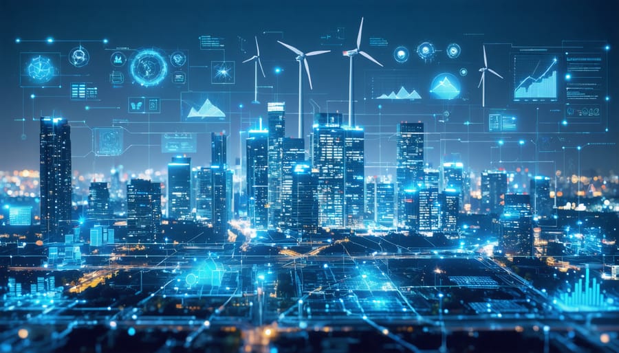 A conceptual depiction of a futuristic city utilizing smart grid and distributed energy management systems, showcasing interconnected buildings with renewable energy sources and data analytics.