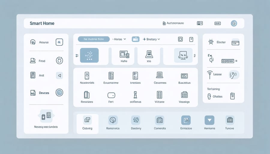 Smart home control dashboard displaying temperature, lighting, security, and energy management controls