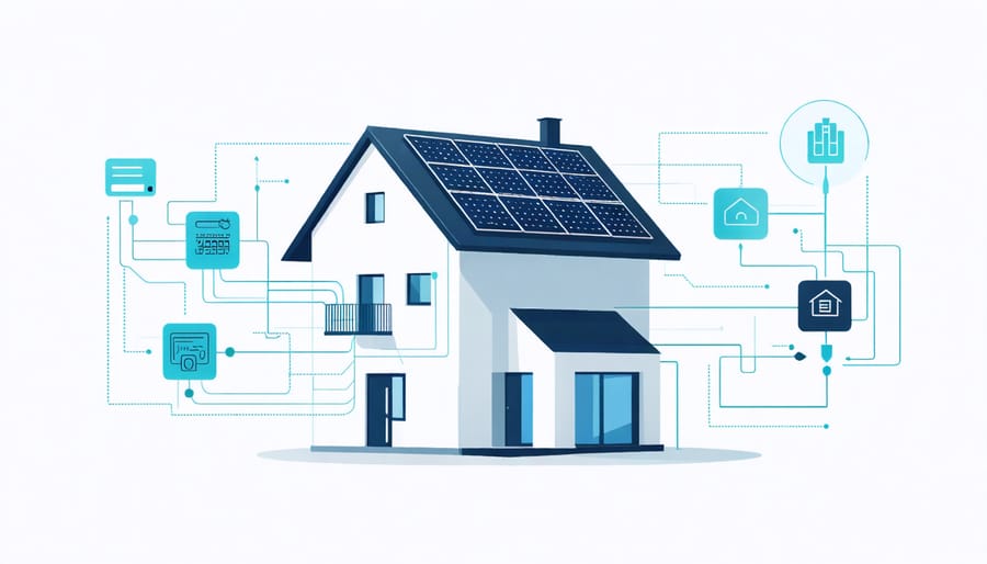 Infographic of smart home energy flow between solar panels, battery storage, and home systems