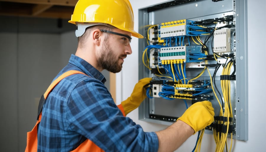 Professional installing structured cabling and smart home components during house construction