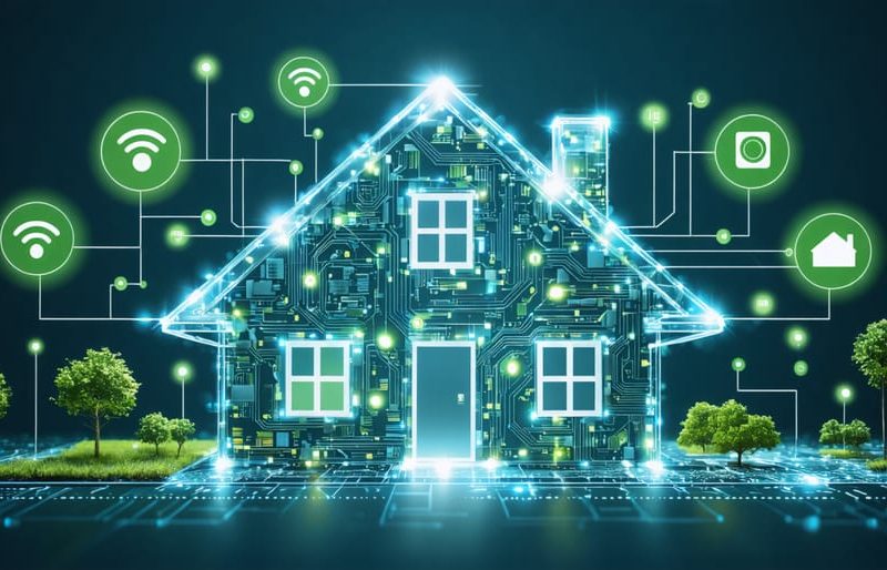 Conceptual illustration of a modern house integrated with digital circuits and smart system symbols, depicting the fusion of smart technology with residential construction.