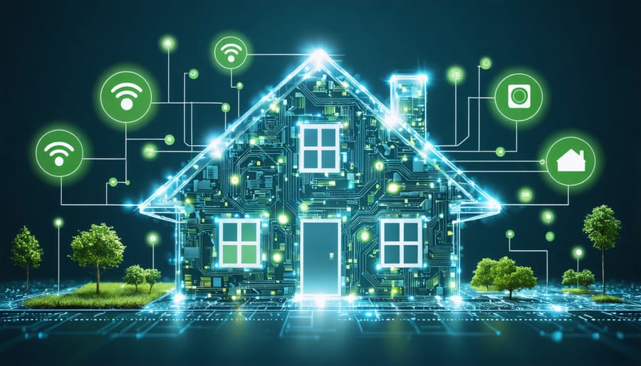 Conceptual illustration of a modern house integrated with digital circuits and smart system symbols, depicting the fusion of smart technology with residential construction.